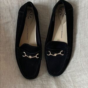 Isaac Mizrahi Black Suede Loafers with Gold Detailing size 9